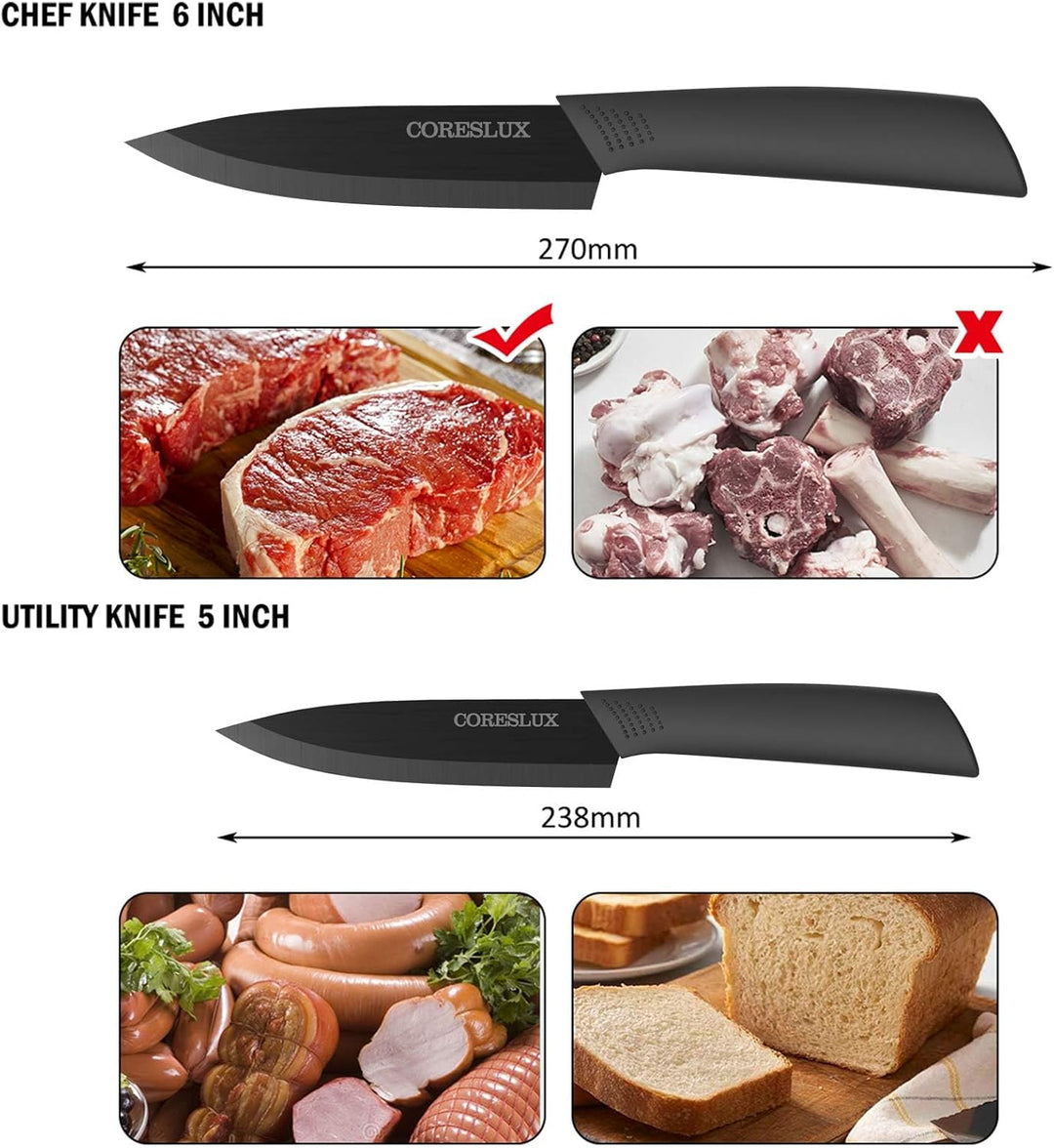 CORESLUX Keramikmesser Set, 4 Keramik Küchenmesser Set mit 1 Sparschäler, Antihaftbeschichtet, Schar