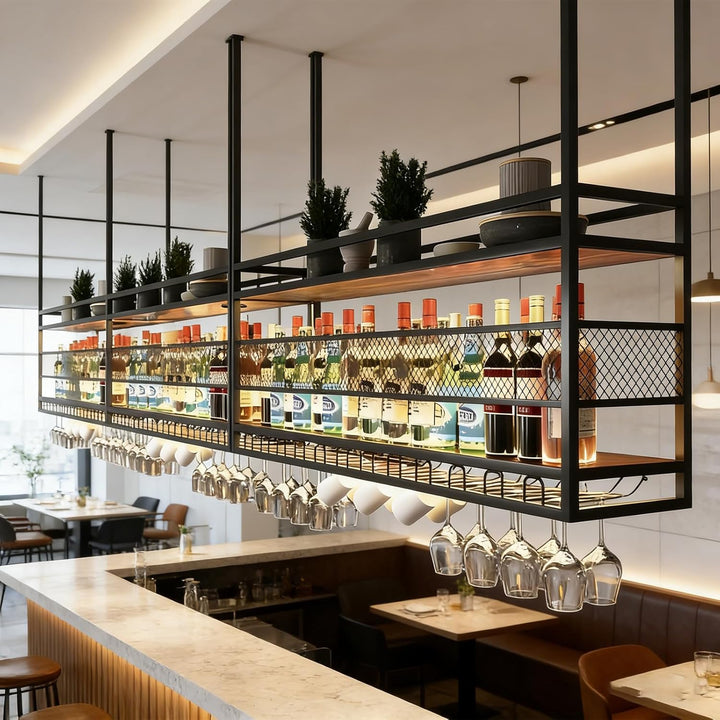 Deckenregal Weinregal, 2-Lagiger Industrieller Hängender Weinflaschenhalter mit Glashalter, Metall-D