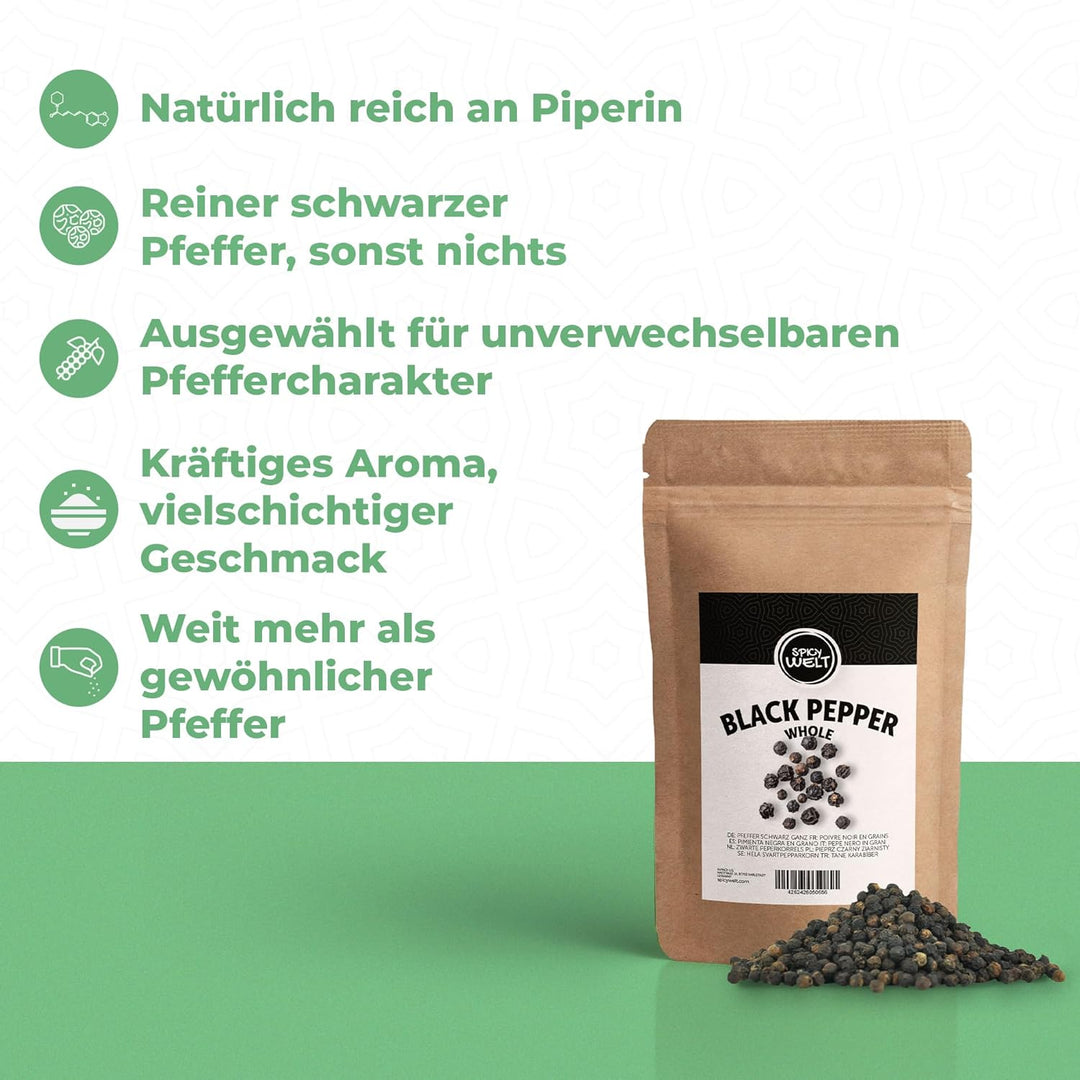 Spicy Welt Schwarzer Pfeffer Ganz (500g) – Pfefferkörner | Ungemahlener Schwarzer Pfeffer | für Pfef