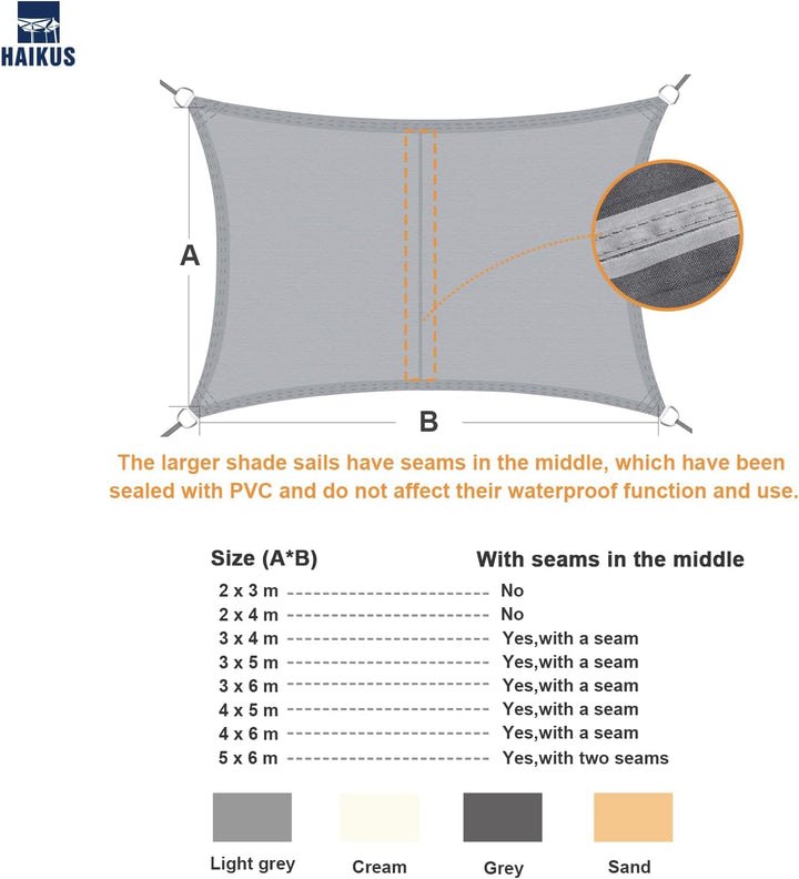 HAIKUS Sonnensegel Wasserdicht Rechteckig 2x4m Sonnenschutz Wasserabweisend Premium PES Polyester mi