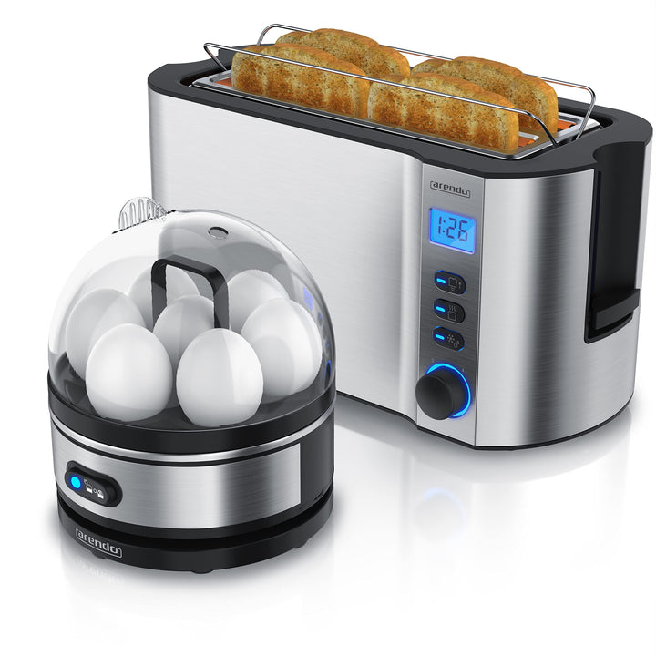 Arendo - SET Toaster MANHA mit Eierkocher SEVENCOOK Edelstahl Silber, Toaster 4 Scheiben LED-Display