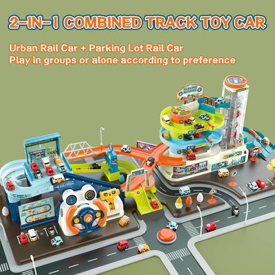 fisca 2-in-1-Rennwagen-Spielset für Kinder, Spielzeugauto-Rampenbahn und Hebeparkplatz, Dual-Modus K