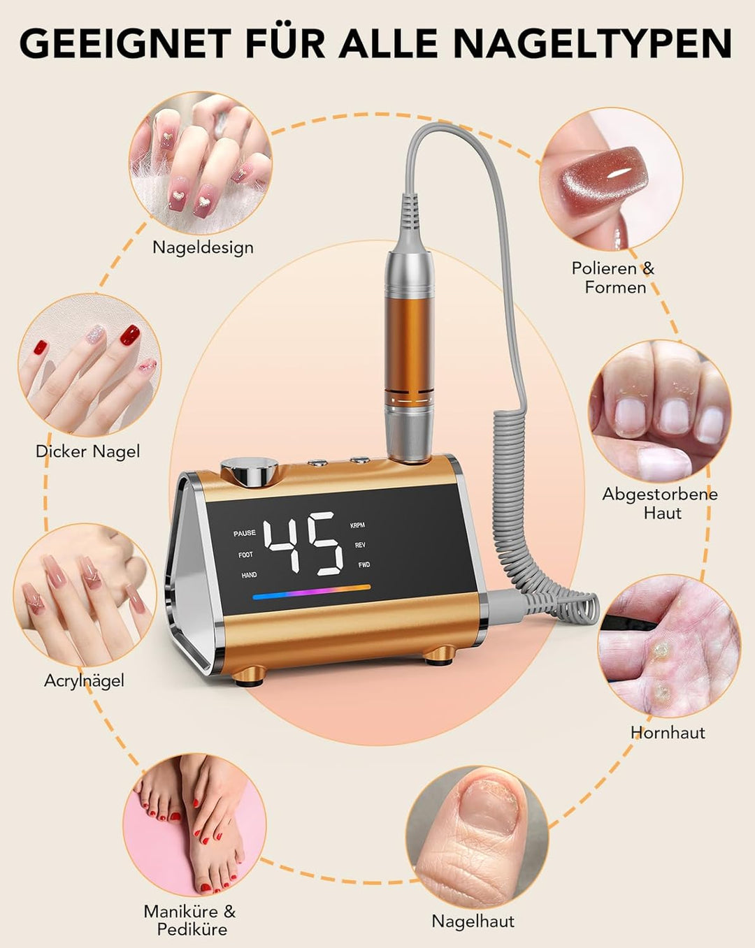 Profi Elektrische Nagelfräser 45.000 U/min Maniküre Set mit Fusspedal Netzbetrieb Nagelbohrer für Ac