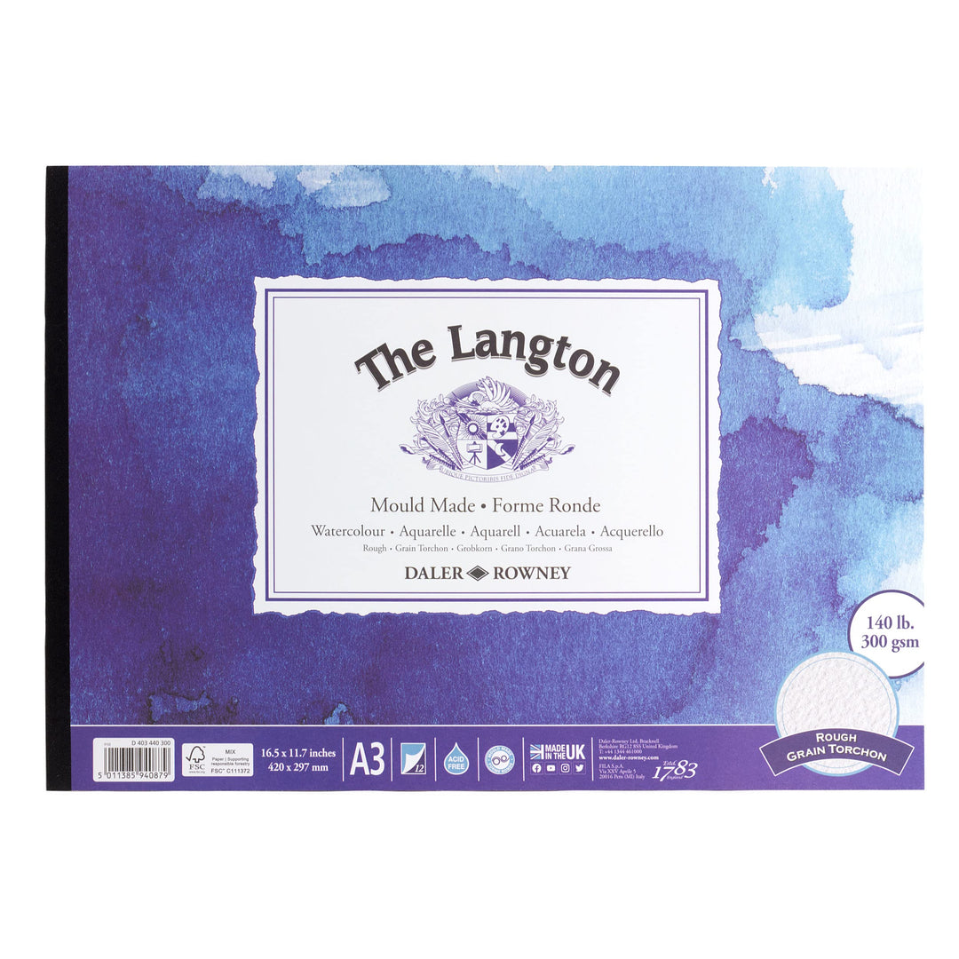 Daler-Rowney The Langton Rough Aquarellpapierblock, 300 g/m², A3, einseitig geklebt, säurefrei, 12 n