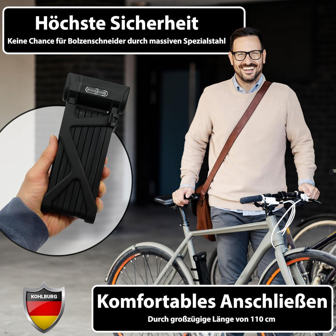 KOHLBURG 110cm Fahrrad Faltschloss Schlüssel [Bolzenschneider-sicher] als e Bike Schloss & Fahrradsc