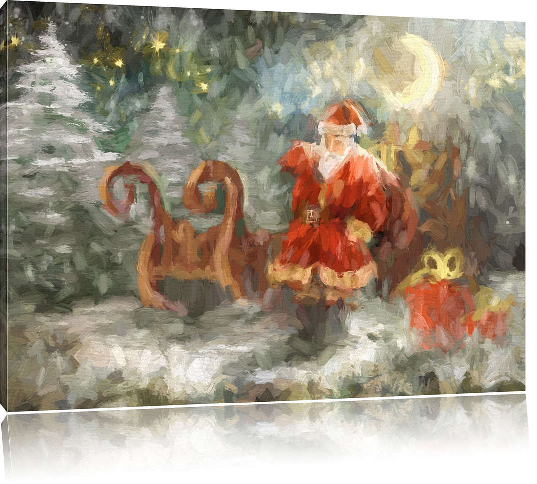 Pixxprint Weihnachtsmann mit Geschenken als Leinwandbild/Grösse: 100x70 cm/Wandbild/Kunstdruck/ferti