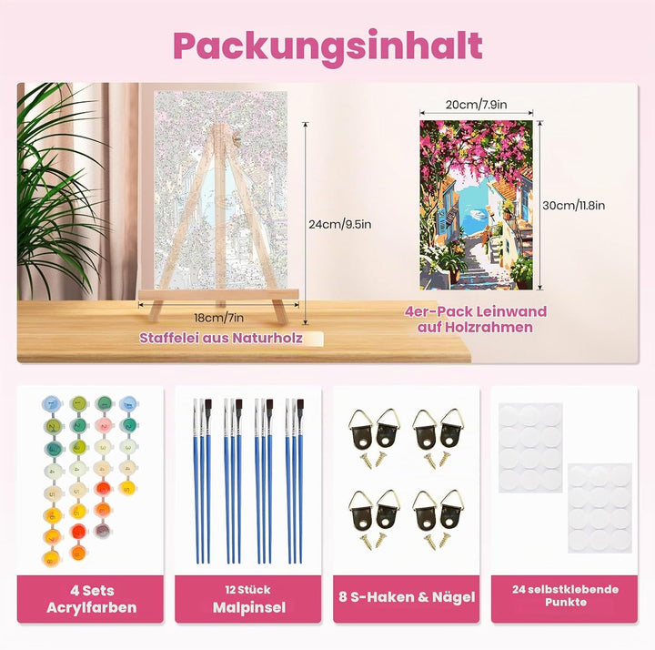 GHHKUD Malen Nach Zahlen Erwachsene, 4 Stück Malen Nach Zahlen Blumen Landschaft DIY Handgemalt Ölge