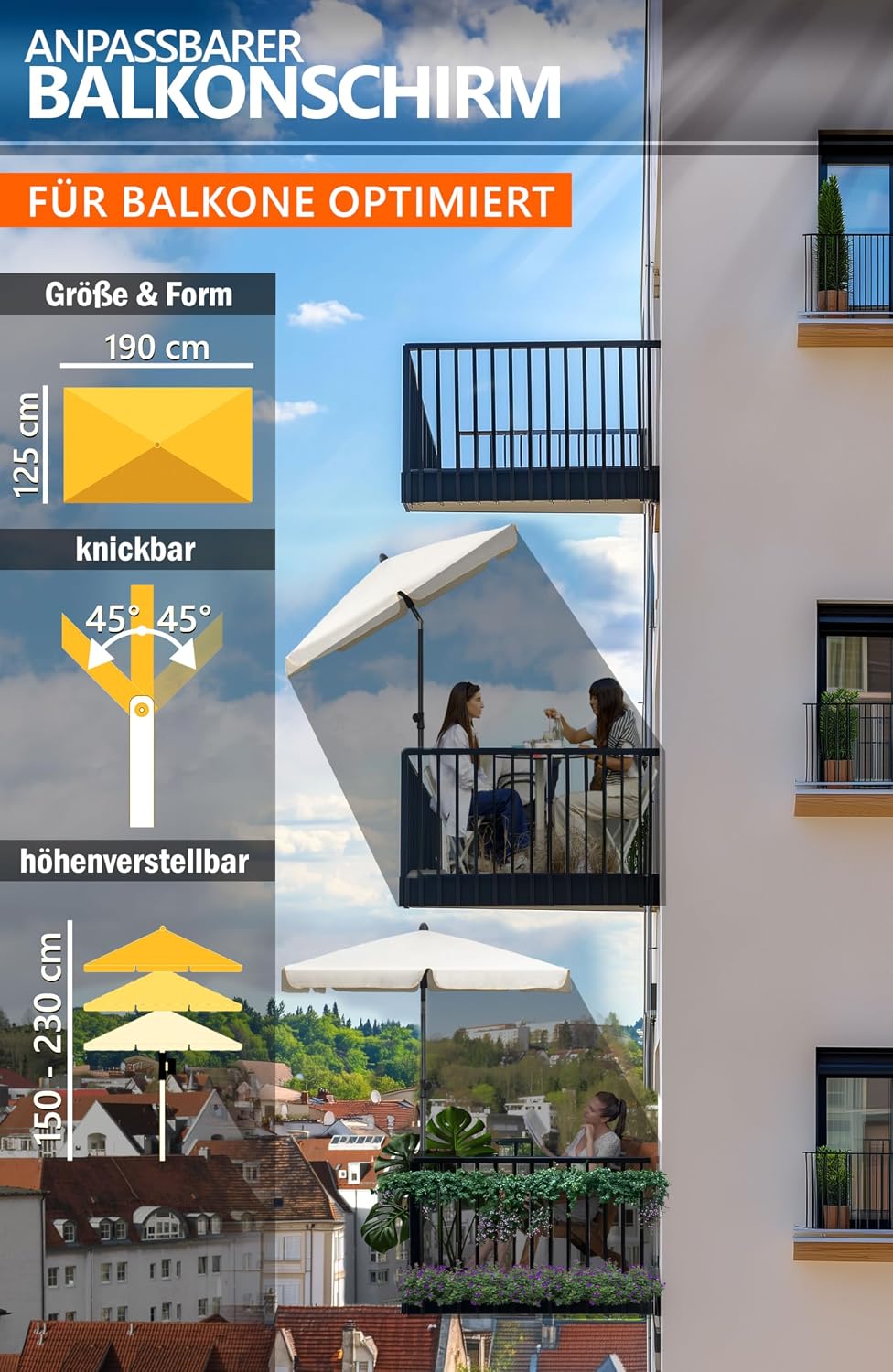 4smile SunnyShade Balkonschirm Rechteckig 210x140 cm, Sonnenschirm Balkon mit UPF 50+, Sonnenschutz