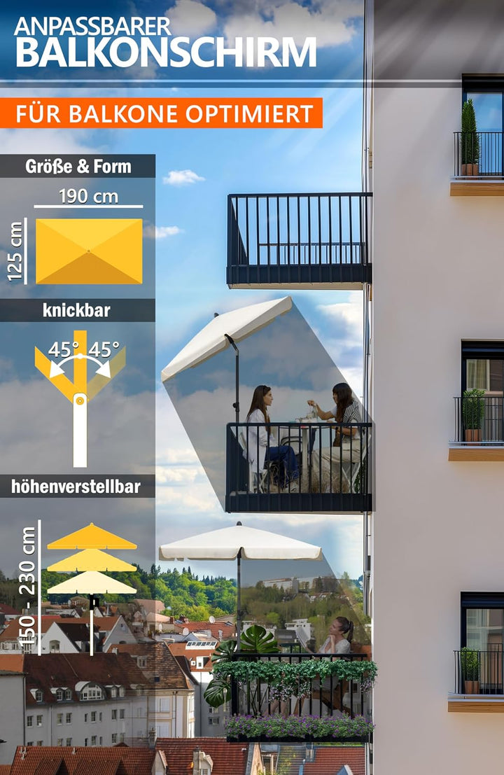 4smile SunnyShade Balkonschirm Rechteckig 210x140 cm, Sonnenschirm Balkon mit UPF 50+, Sonnenschutz