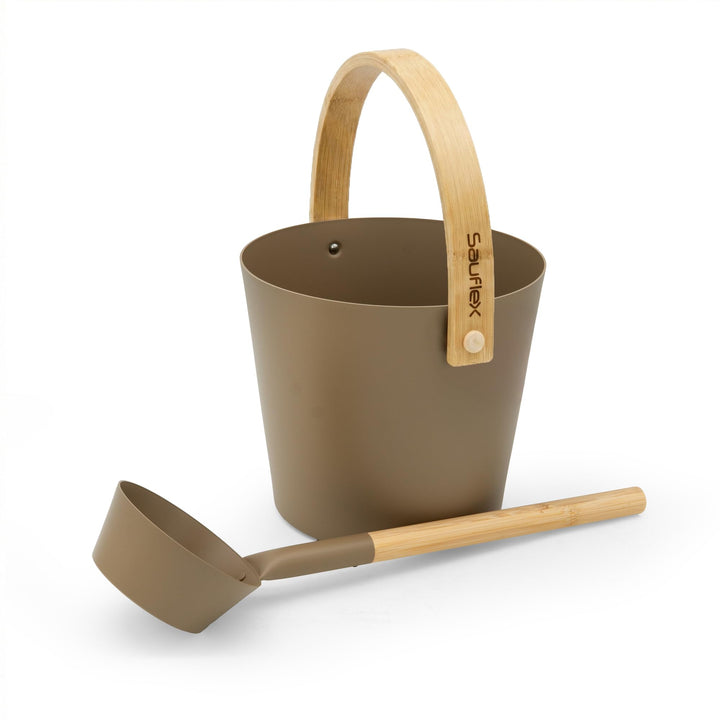 Sauna Zubehör Set: 4L Aluminium Eimer und 42cm Kelle, Bambusgriffe (Taupe), Taupe