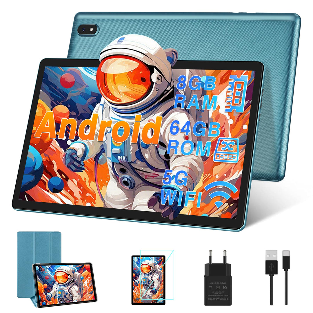 DMOAO Tablet 10 Zoll Android mit 5G WLAN, 8GB RAM + 64GB ROM(TF 1TB), Octa-Core 2.0 GHz, BT 5.0, Fac