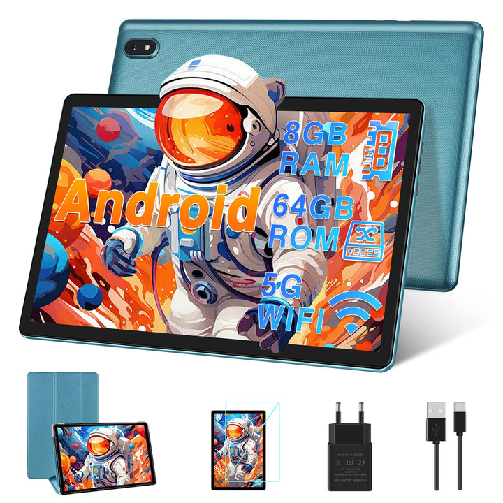 DMOAO Tablet 10 Zoll Android mit 5G WLAN, 8GB RAM + 64GB ROM(TF 1TB), Octa-Core 2.0 GHz, BT 5.0, Fac