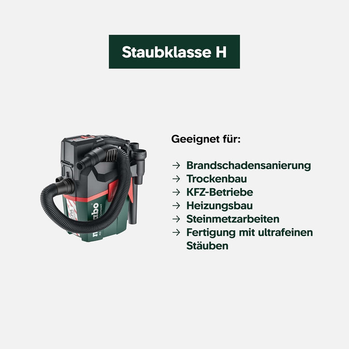 Metabo AS 18 HEPA PC Compact Akku-Sauger 18V - Karton- mit manueller Filterreinigung und HEPA Filter