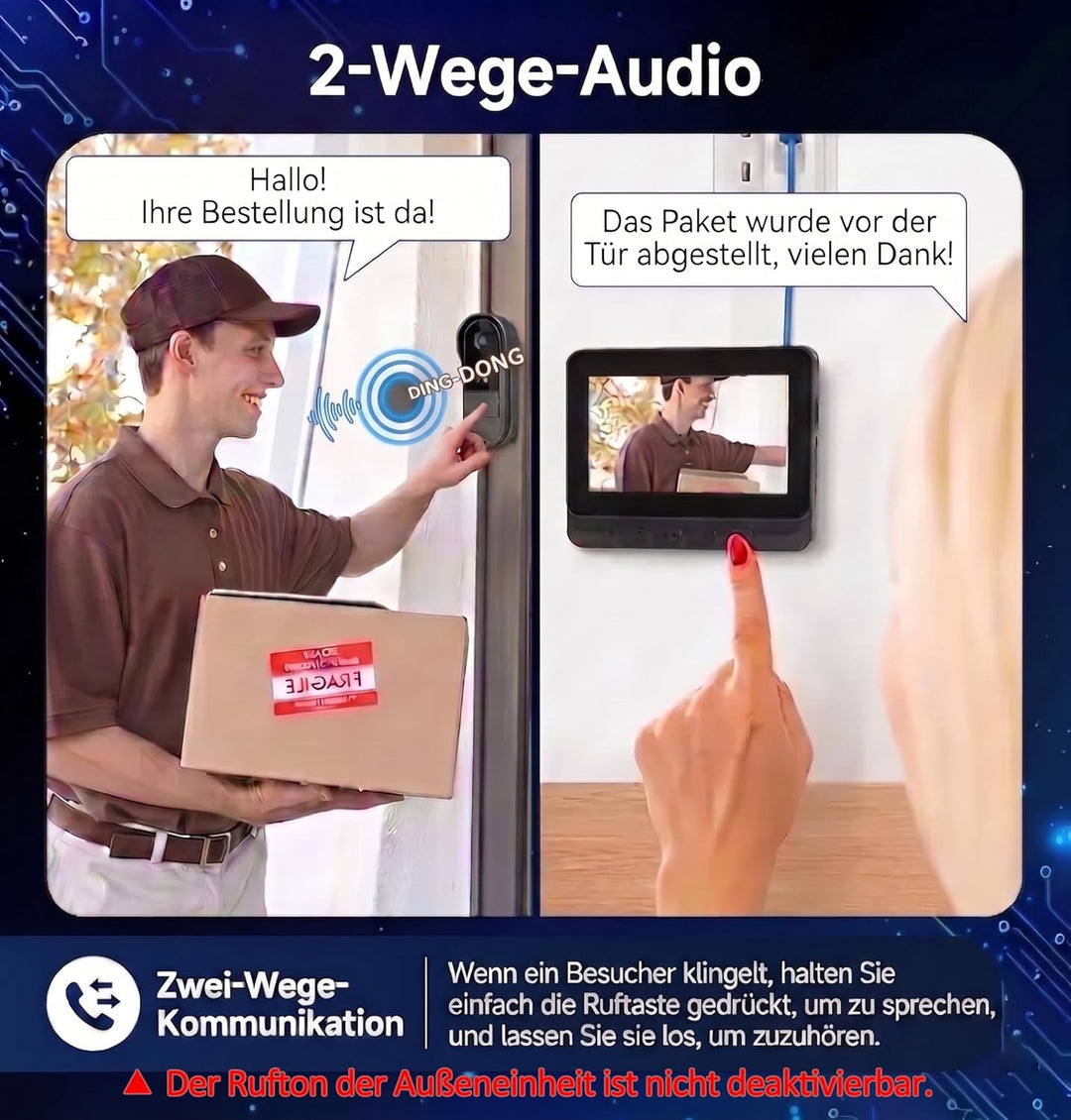 Kabellose Video Türklingel mit 4,3 Zoll Monitor, 1080P Kamera Set &amp; 170° Sicht, Nachtsicht, 2-Wege A