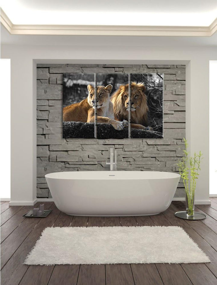 Pixxprint interessiertes Löwenpaar als Leinwandbild/Grösse: 3 Teilig (120x80) cm/Wandbild/Kunstdruck