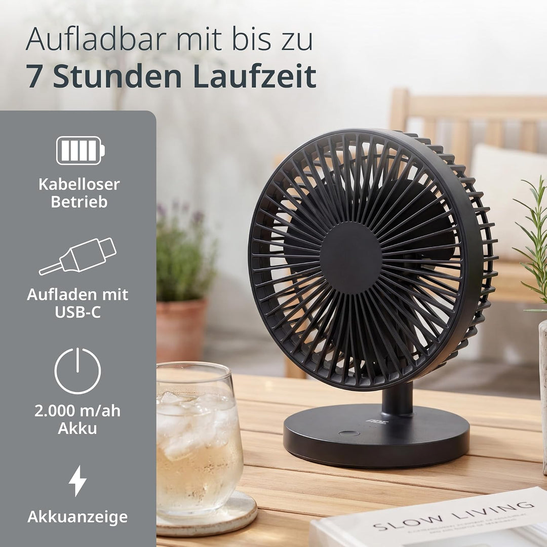 ADE Ventilator sehr leise | USB Tischventilator 3 Stufen | Akku bis 7,5 h Laufzeit | 2.000 mAh | 180
