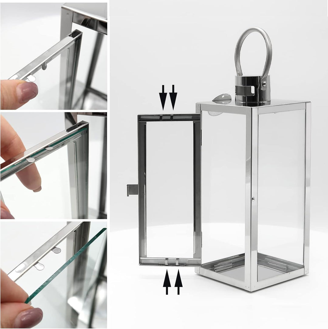 Dekovita 30cm Laterne aus Edelstahl - Gartenlaterne mit Glas-Scheiben und Henkel - Metall Deko-Later