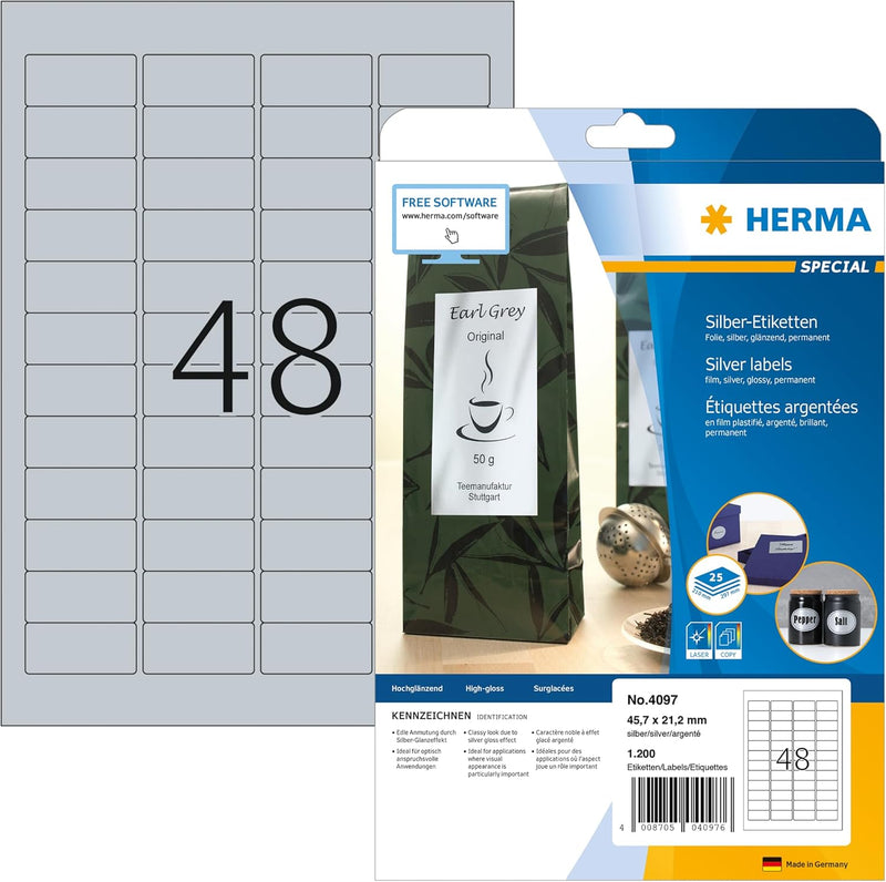 HERMA 4097 Wetterfeste Folienetiketten silber, 25 Blatt, 45,7 x 21,2 mm, 48 Stück pro A4 Bogen, 1200