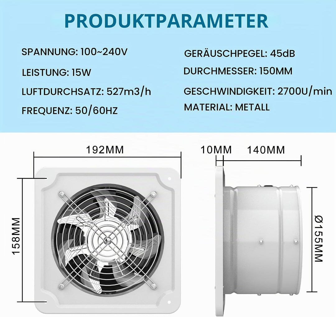 Aygrochy 150mm Regelbar Abluftventilator, DC motor Badlüfter Leiser 527m³/h,Industrielle Wandventila