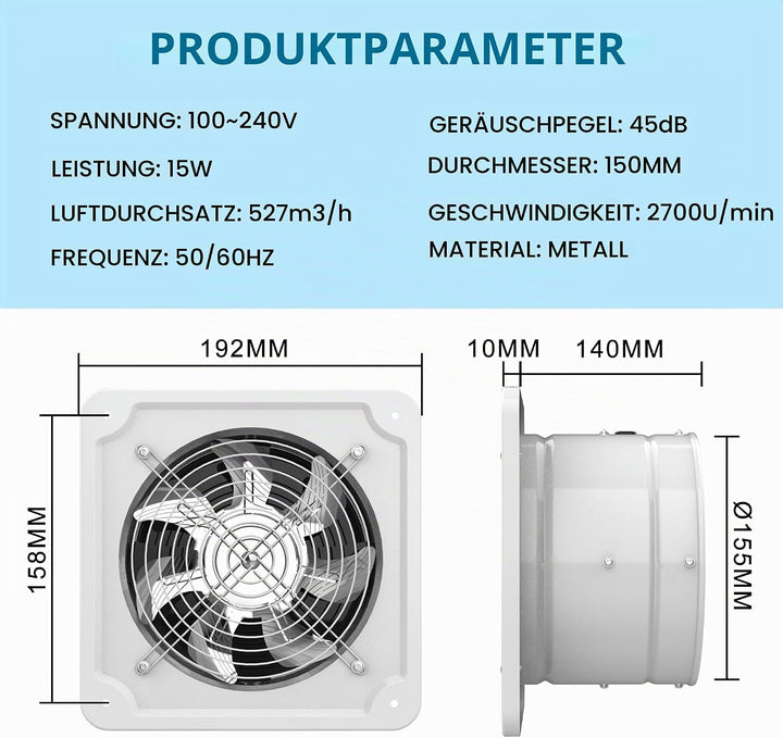 Aygrochy 150mm Regelbar Abluftventilator, DC motor Badlüfter Leiser 527m³/h,Industrielle Wandventila