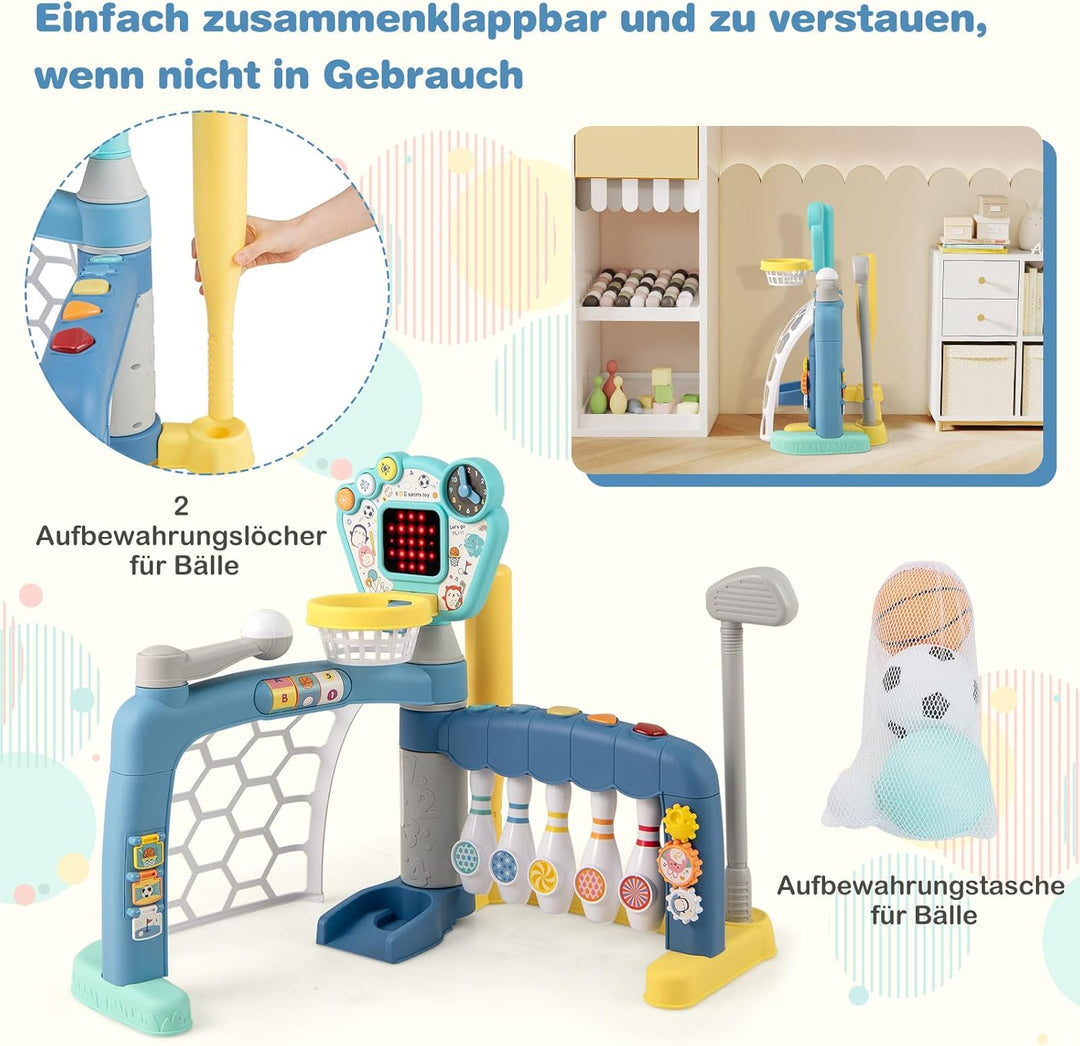 COSTWAY Kinder Basketballkorb, 5-in-1 Basketballständer mit Fussballtor, Golf, Bowling & Baseball, S