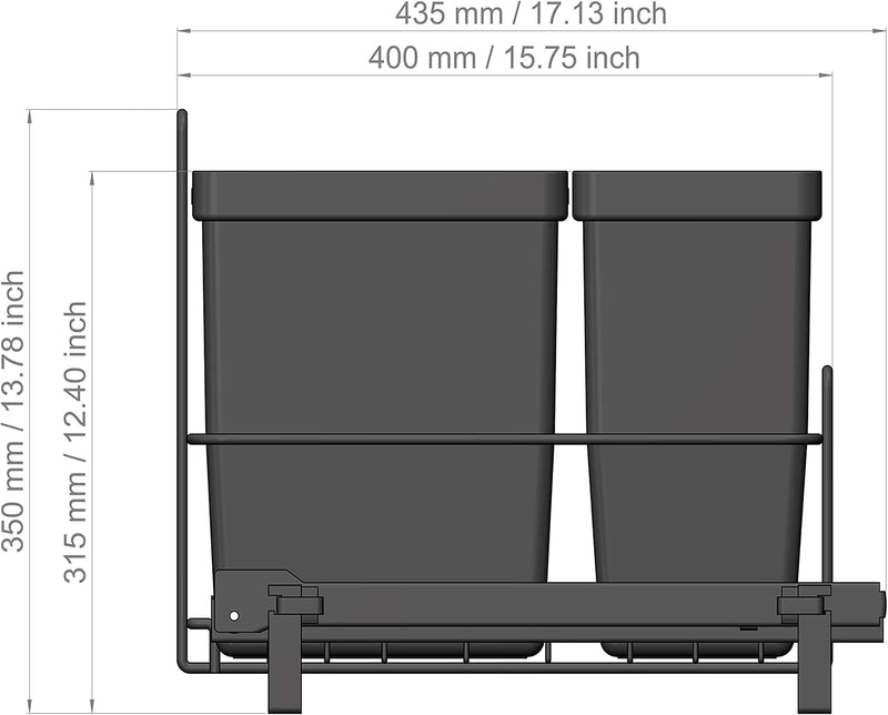 LM 64/2 Einbau Mülleimer ausziehbar mit 2 Abfalleimer (1x11L, 1x16L) Korbauszug anthrazit 32,8x43,3x