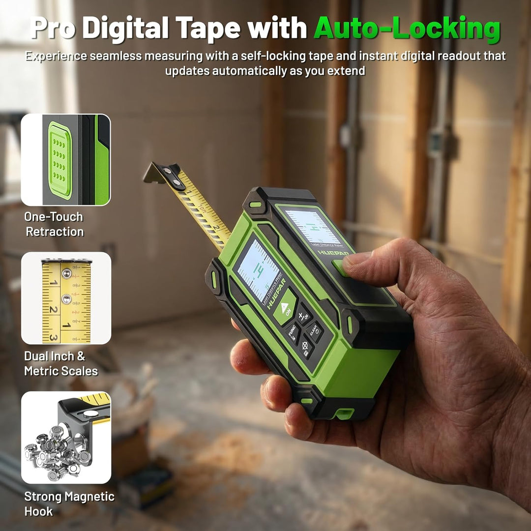 Huepar 4 in 1 Digitales Massband Entfernungsmesser mit Laser und Dual HD Display, 60 m lasermessgerä