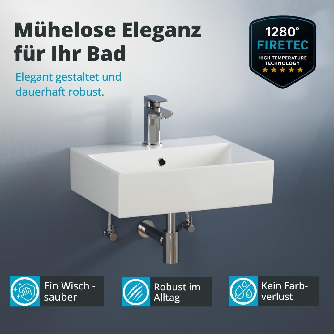 Aqua Bagno Handwaschbecken 50 cm Keramik Weiss, Hängewaschbecken rechteckig für Wandmontage, Aufsatz