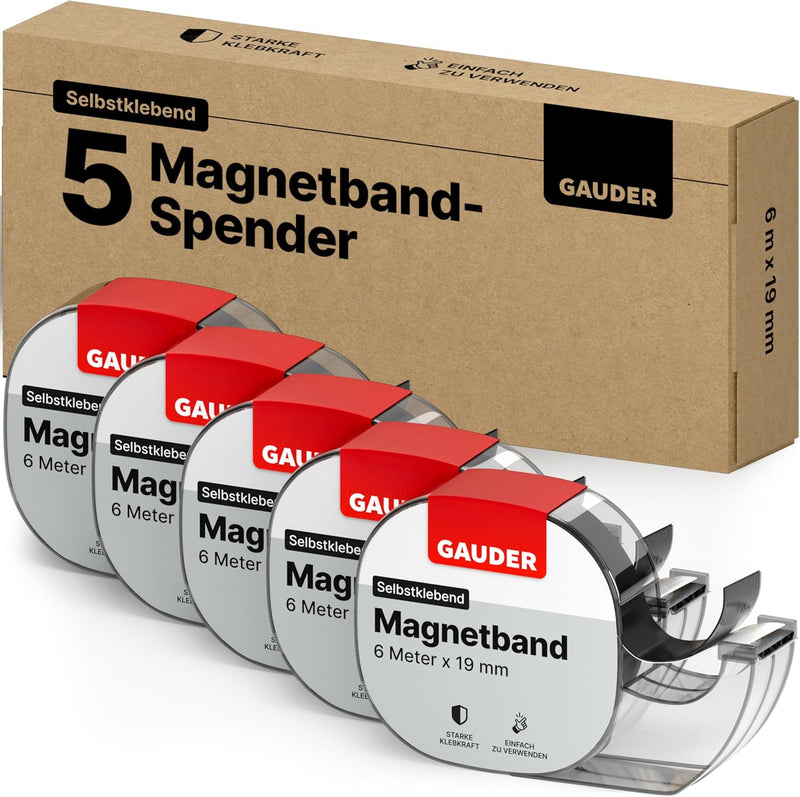 GAUDER Magnetband selbstklebend im Spender (5 Stück) I Magnetklebeband I Magnetstreifen (6 m), 5 Stü