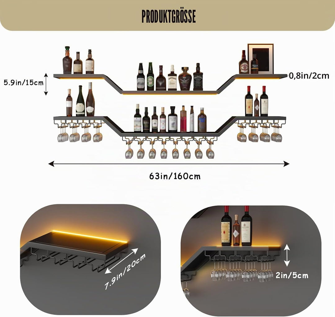 160cm Modernes Wand-Weinregal Mit LED Beleuchtung, Schwebende Barregale mit Glashalter, 3 Ebenen Wan