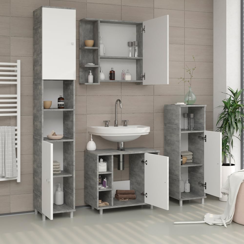 Vicco Midischrank Fynn, Beton/Weiss, 30 x 95 cm Beton 95 x 30 cm, Beton 95 x 30 cm