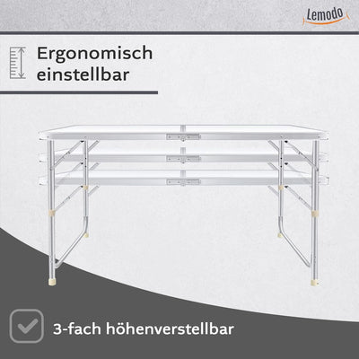 Lemodo Campingtisch weiss klappbar | Klapptisch 3-Fach höhenverstellbar | Falttisch 120 x 60 cm | Le