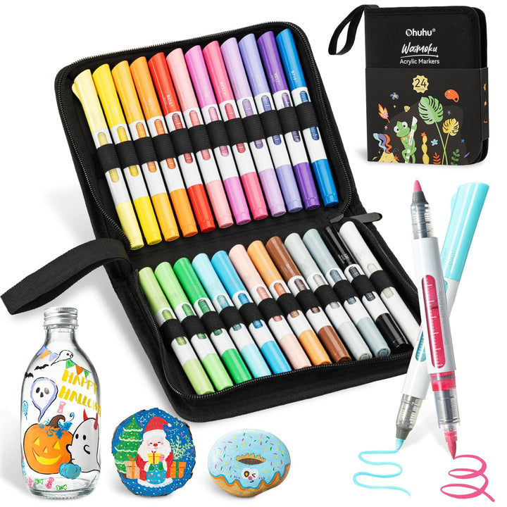 Ohuhu Acrylstifte mit Automatische Tinte, 24 Farben, doppelte Spitzen(Pinsel und Rundspitze) hohe De