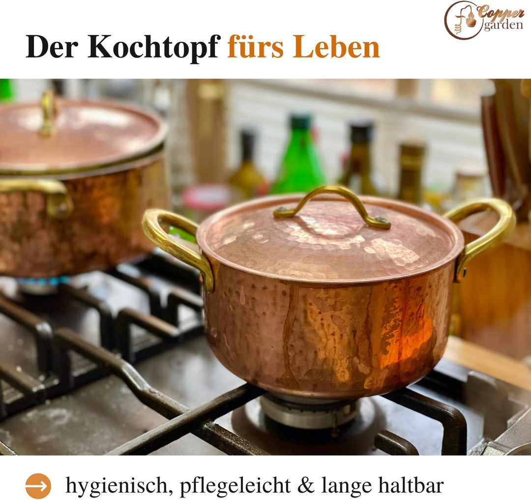 CopperGarden Kupfertopf mit Deckel + Griffen aus Messing I Gehämmerter Kupferkochtopf aus verzinntem