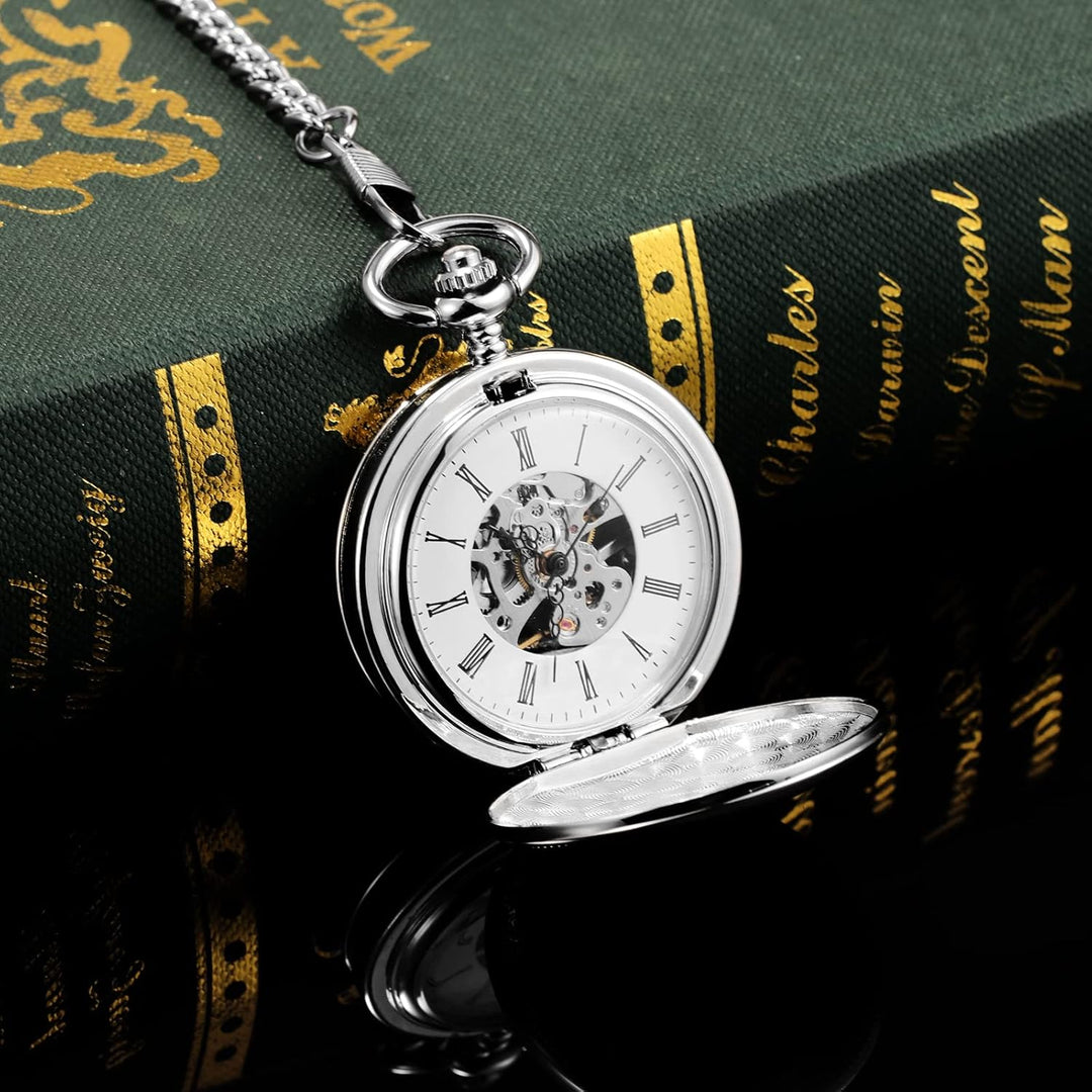 TREEWETO Herren-Taschenuhr mit doppeltem offenem Gehäuse, mechanischer Handaufzug, silberfarbene Tas