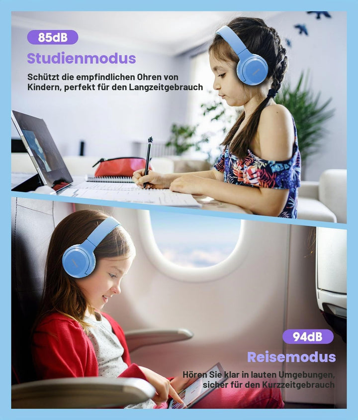Kinder Kopfhörer Wireless 60H, Faltbare On Ear Kopfhörer mit MIC, Lautstärkebegrenzer 85dB/94dB Drah