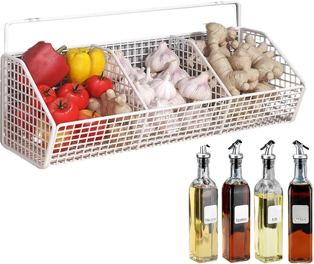 Wall Basket, 3 Compartment Onion Holder, 14.17x5.51in Wall Mounted Storage Bin, Space Saving Metal O