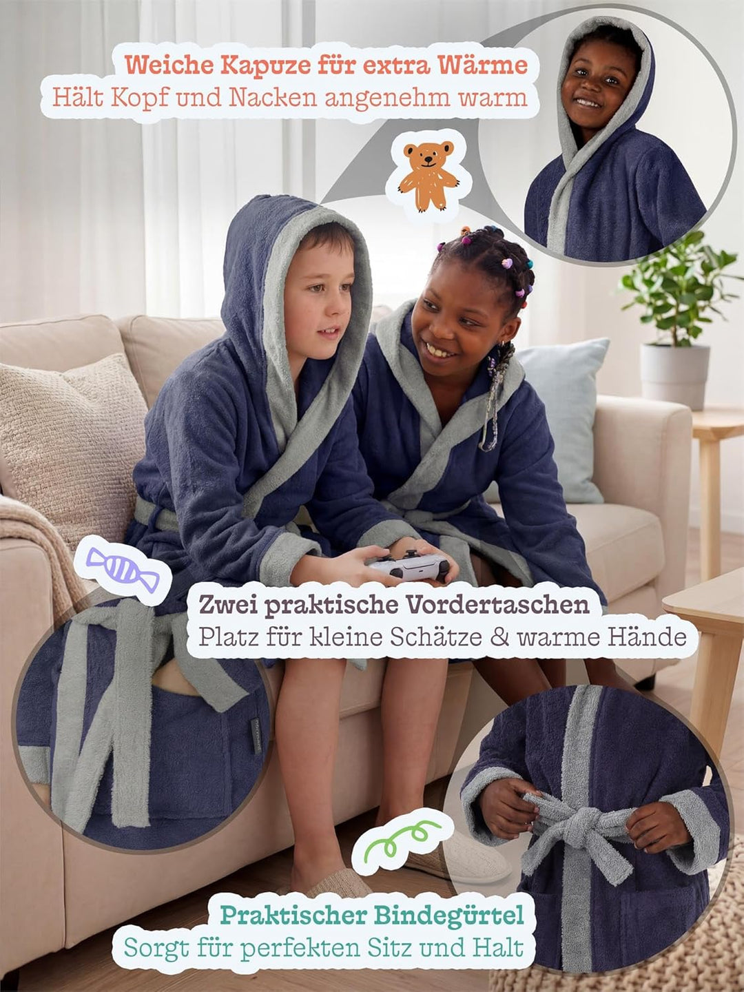 normani Kinder-Bademantel mit Kapuze aus 100% Bio-Baumwolle - für Jungen und Mädchen 122-128 Lila, 1
