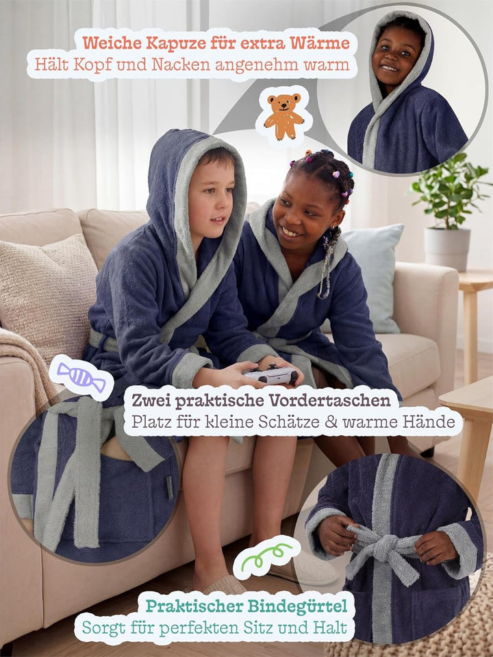 normani Kinder-Bademantel mit Kapuze aus 100% Bio-Baumwolle - für Jungen und Mädchen 122-128 Lila, 1