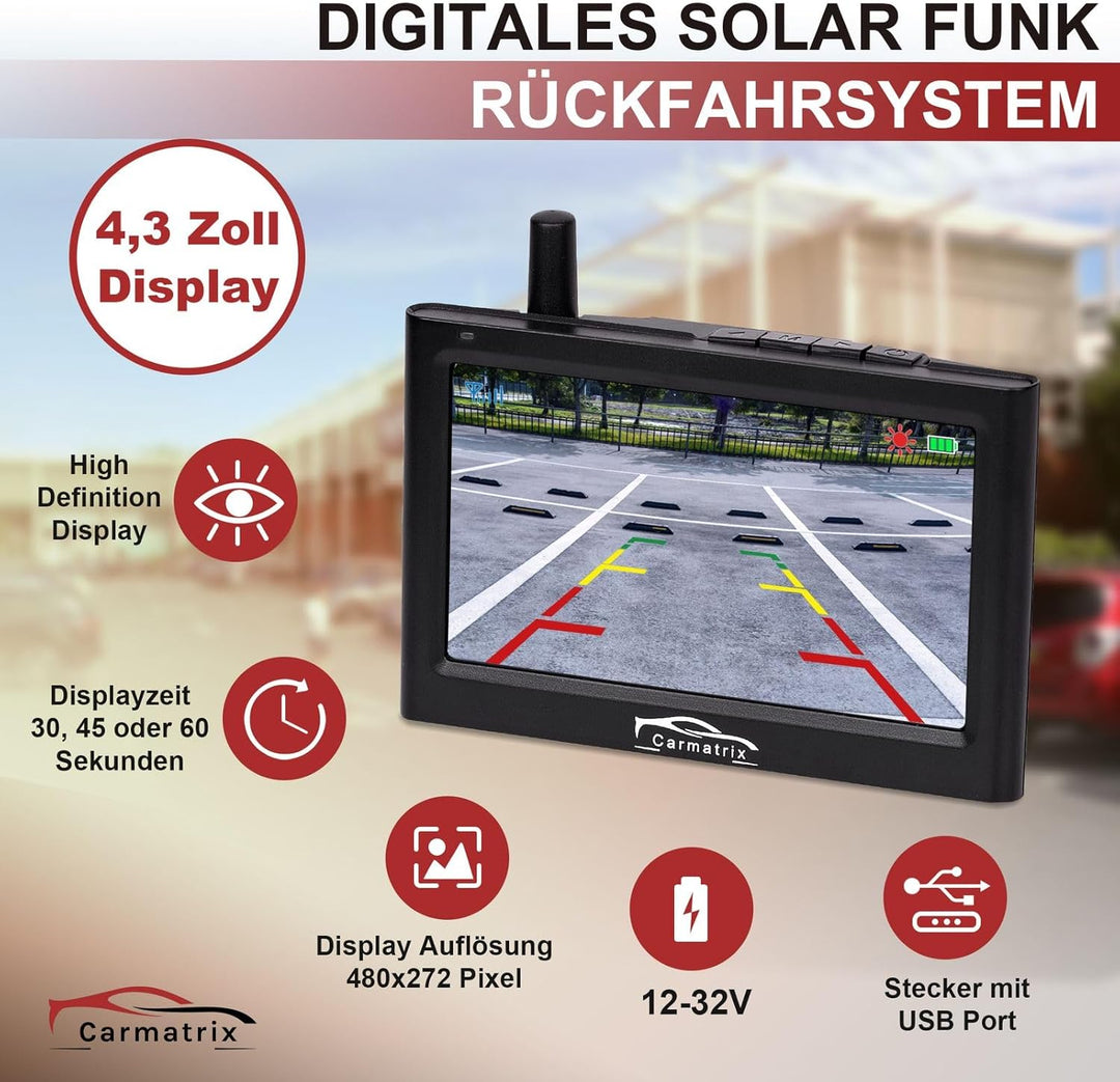 Funk Solar Auto Rückfahrkamera solarbetrieben im Nummernschild mit 4,3 Zoll Monitor Rückfahrsystem S