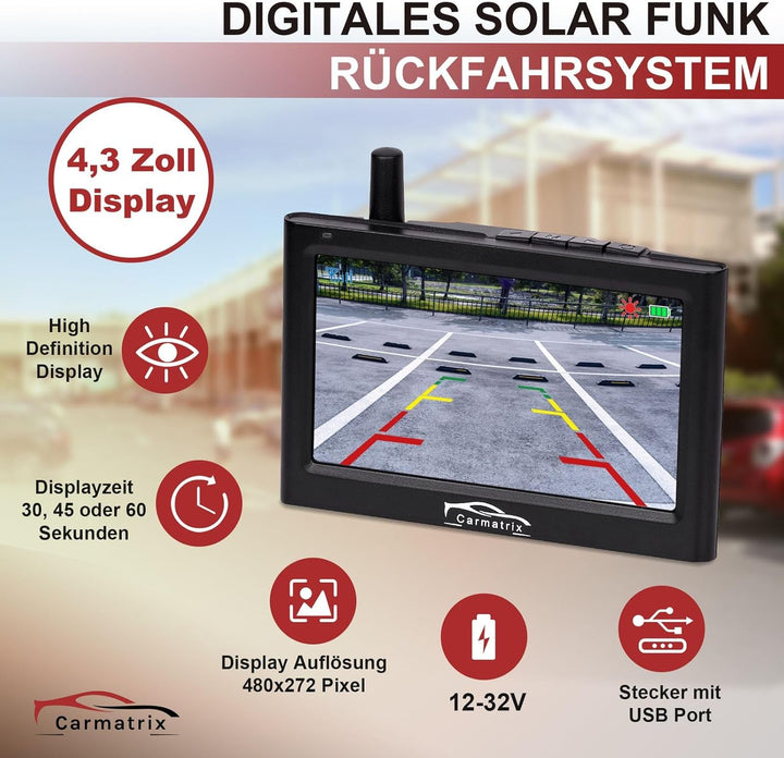 Funk Solar Auto Rückfahrkamera solarbetrieben im Nummernschild mit 4,3 Zoll Monitor Rückfahrsystem S