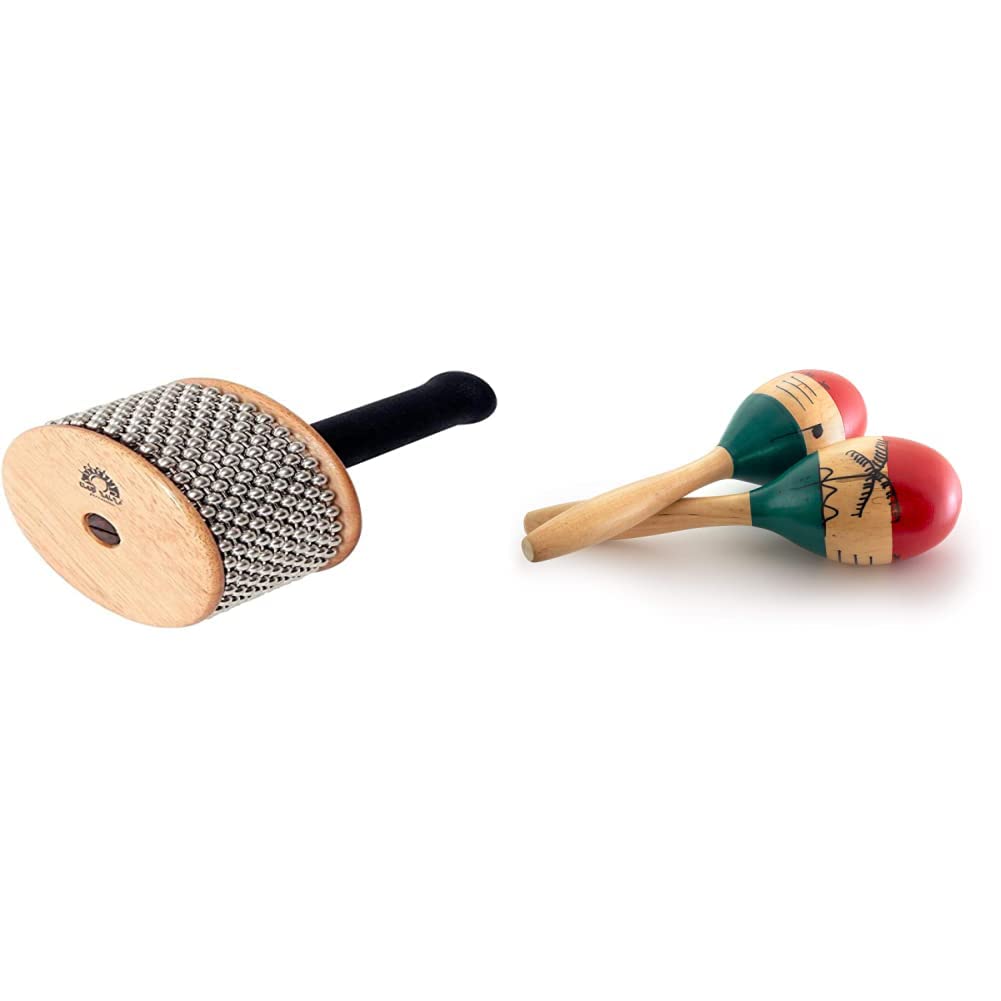 Club Salsa F835255 Cabasa, 18 cm x 11 cm &amp; World Rhythm MAR56-NT Naturholz Maracas, handbemalt - Ful