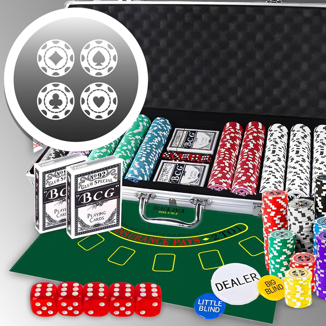 Retoo Pokerkoffer Set 500 Chips im Aluminiumkoffer – Komplettes Pokerset mit 2 Spielkartendecks, 5 W