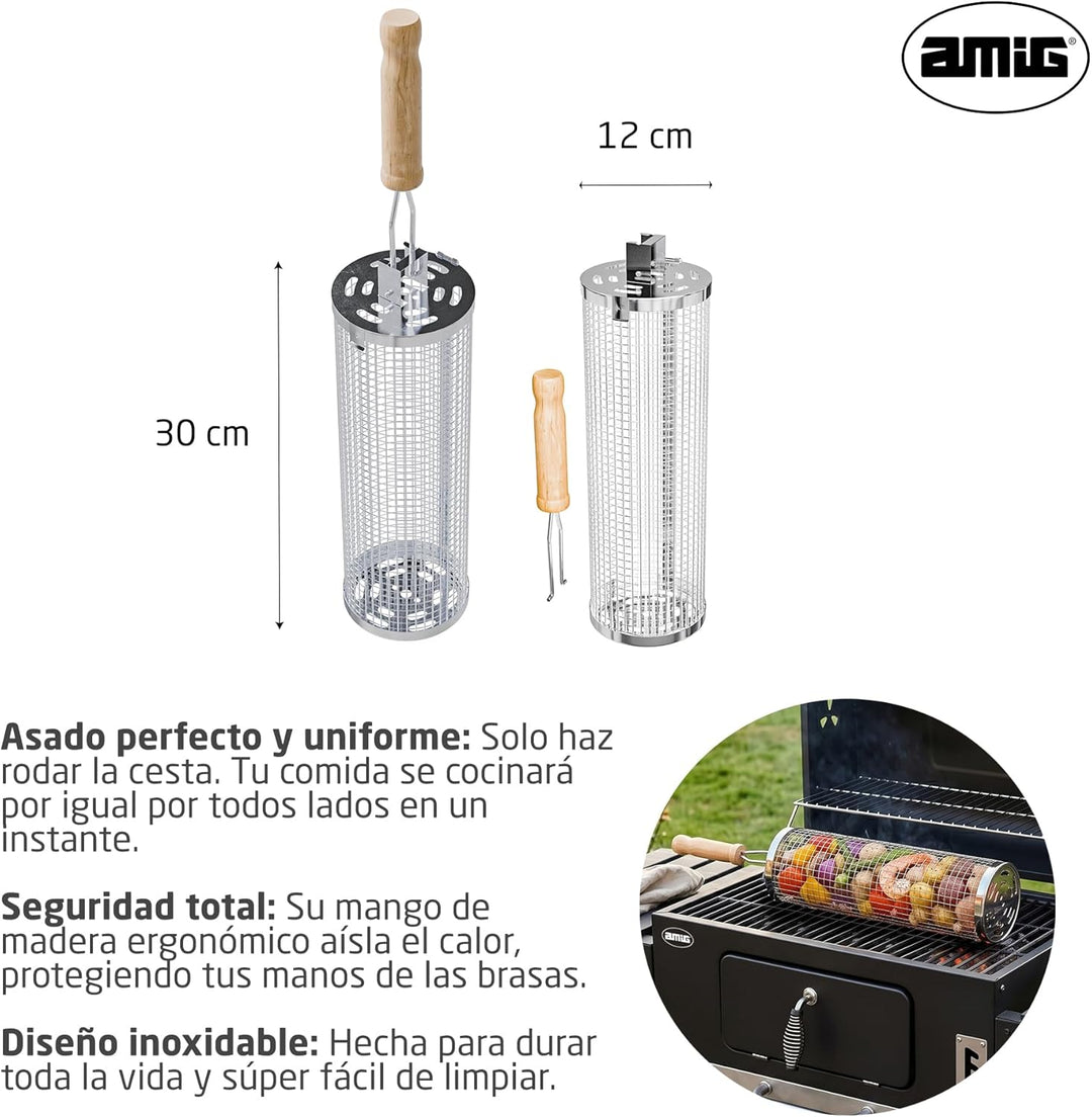 Amig - Rundkorb für Grill - 12 x 30 cm - Holzgriff - Edelstahlgrillkorb - Drehkorb für Grill im Gart