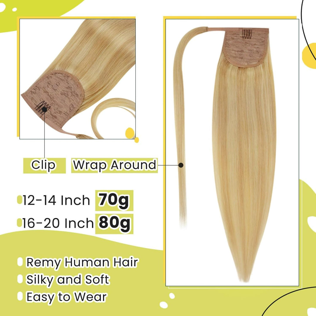 RUNATURE Zopf Extensions Echthaar Goldblond mit Hellblond Ponytail Echthaar Extensions Blond Pferdes