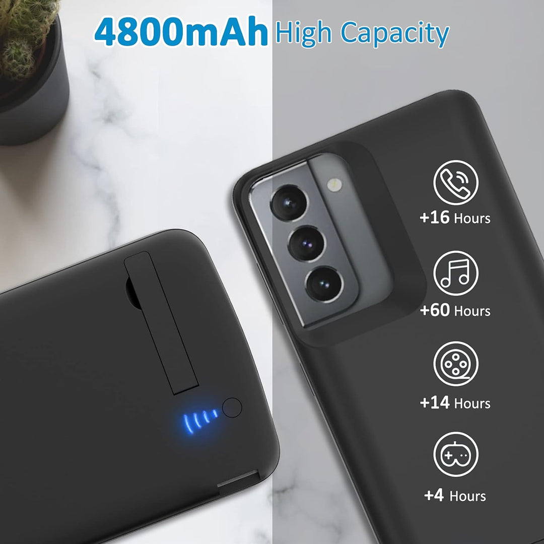Gladgogo Akku Hülle für Samsung Galaxy S21, [4800 mAh] Battery Case Akkuhülle Mit klappbarem Ständer