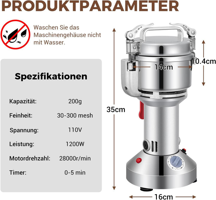 Elektrische Getreidemühle Mühle, 200g Kommerzielle Gewürzmühle 800W Edelstahl Pulverisator Trockenma