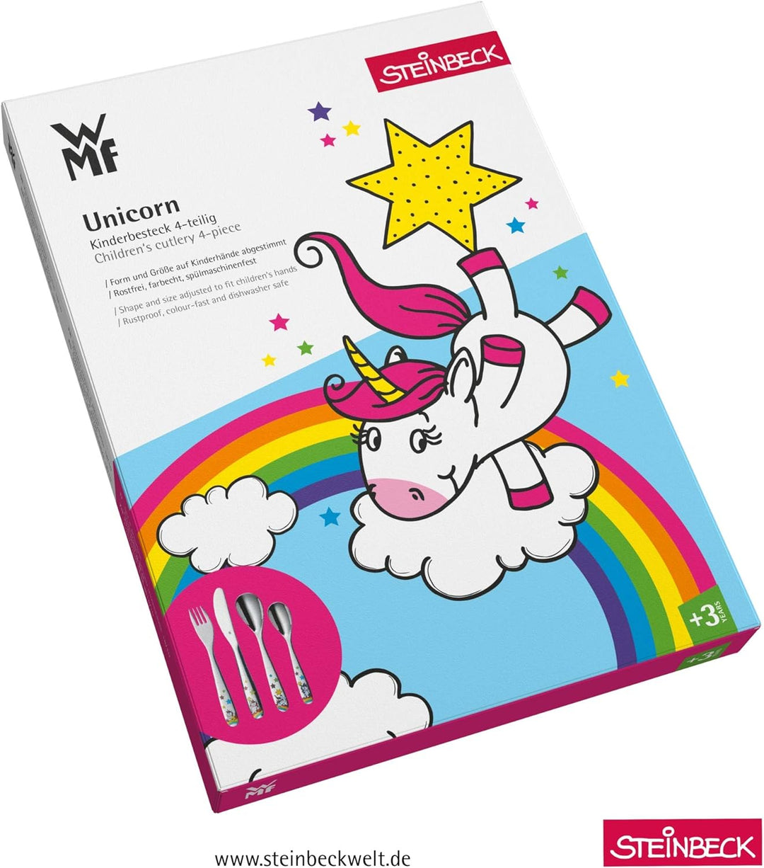 WMF Einhorn Kinderbesteck Set 4-teilig, Kinderbesteck Edelstahl, Kinderbesteck ab 3 Jahre, Cromargan