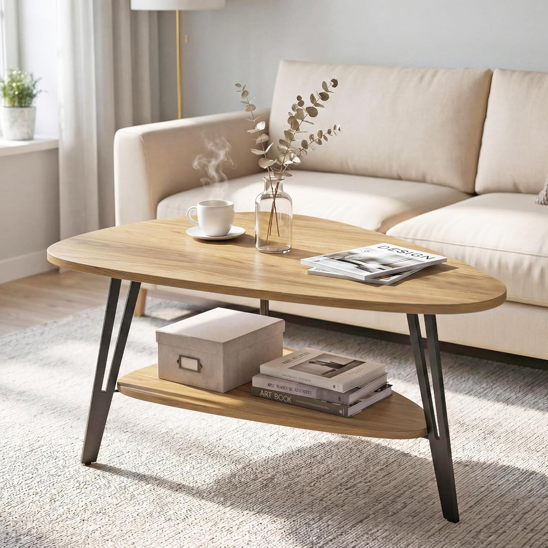 Manora Couchtisch oval Holz mit Ablagefach & Metallbeinen - Moderner Wohnzimmertisch Kaffeetisch Sof