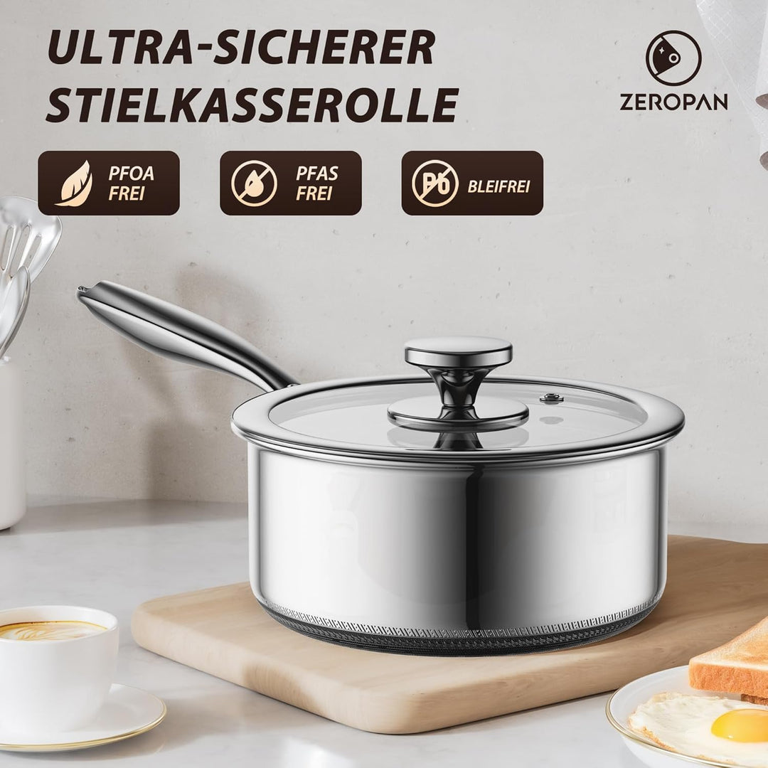 Kochtopf mit Deckel Hybrid 16cm/1.1L, Stielkasserolle Induktion Antihaft, Kühl bleibender Griff, Spü